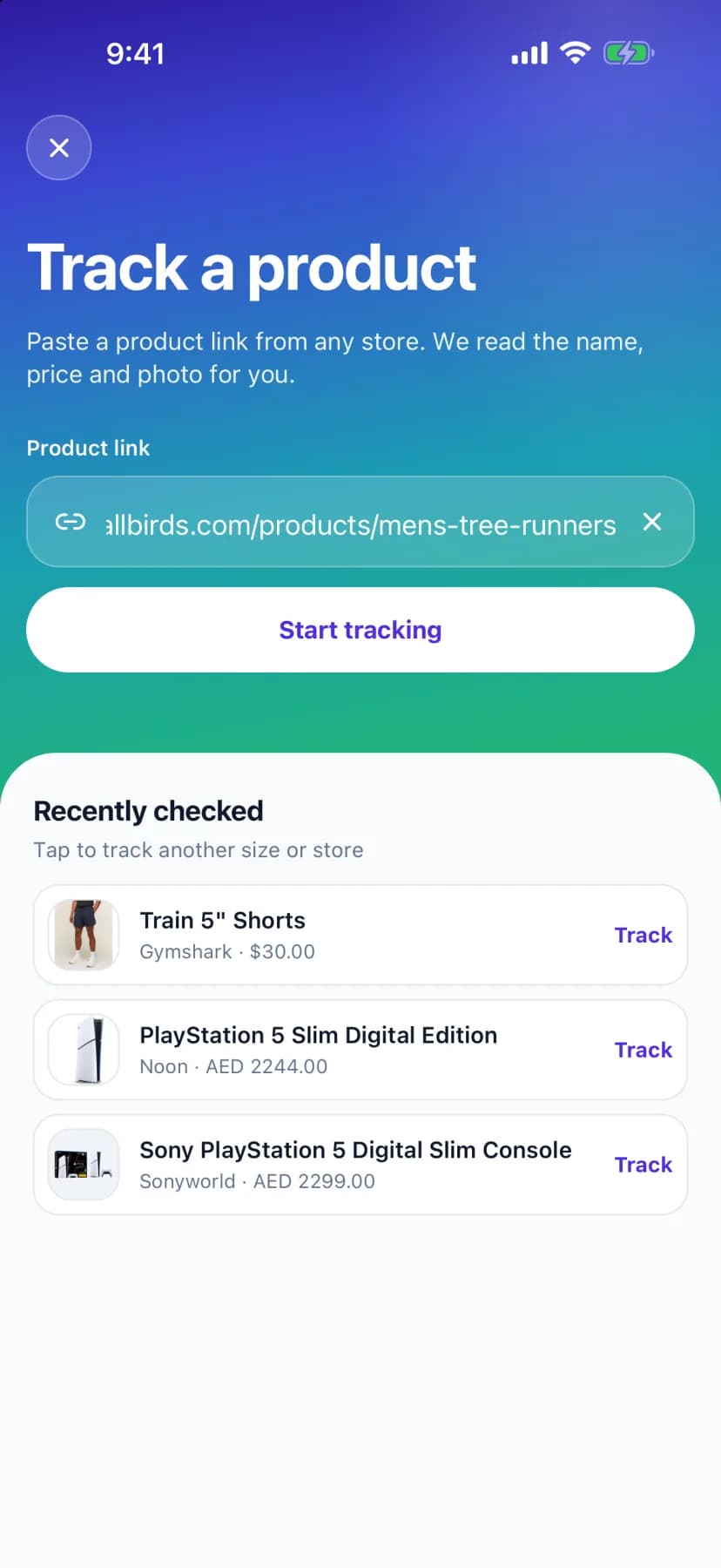 The PricePing app's Track a product sheet: a product link pasted into the field, above a Start tracking button.
