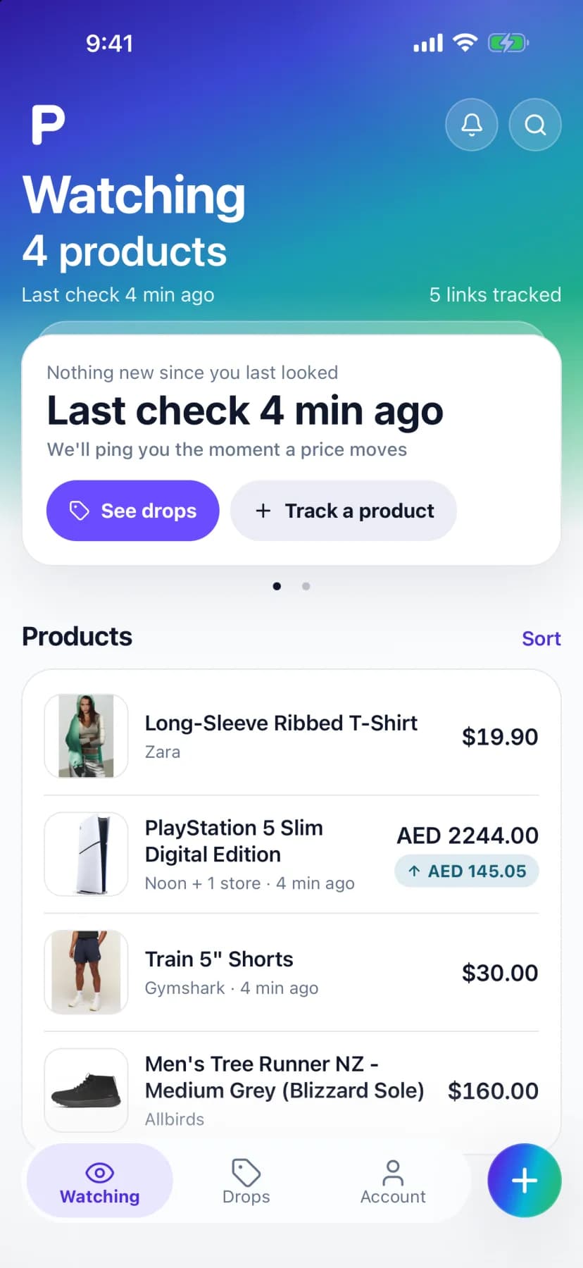 The PricePing app's Watching screen: a list of tracked products with the store, the current price and how far the price has moved on each row.
