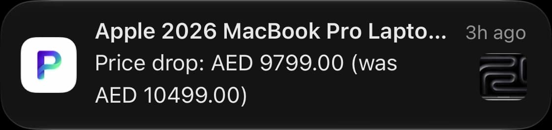 iOS notification from PricePing: price drop on Apple MacBook Pro laptop, AED 9,799 was AED 10,499